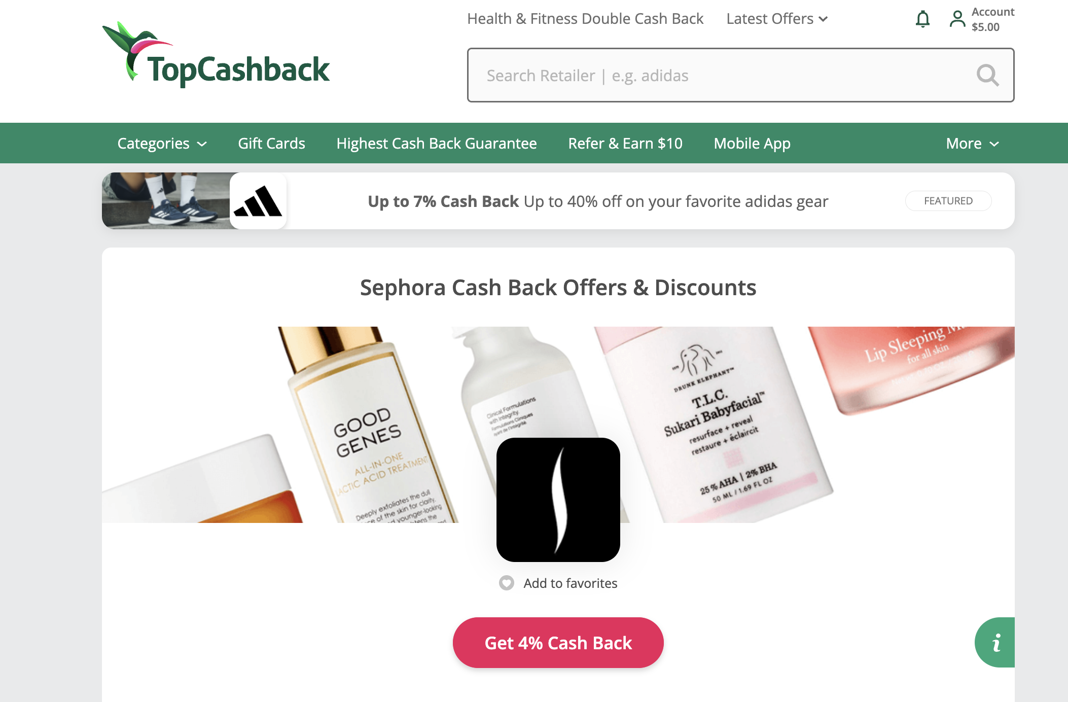 TopCashBack payout for Sephora